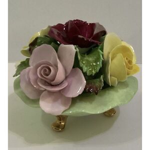 Vintage Denton Bone China  England Molded Roses Footed Hand Painted